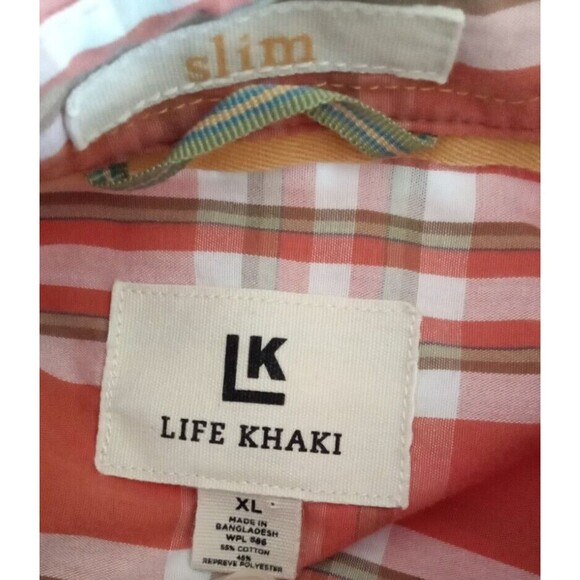 LIFE KHAKI SHIRT SLIM XL BUTTON DOWN POCKETS PLAID ORANGE LONG SLEEVE - Picture 3 of 7